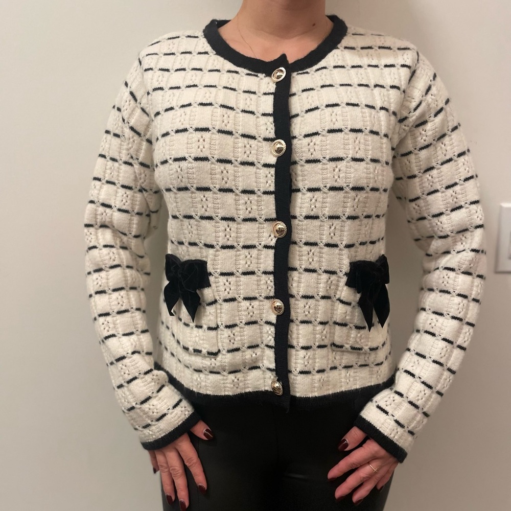 Elegant Black and White Grid Cardigan